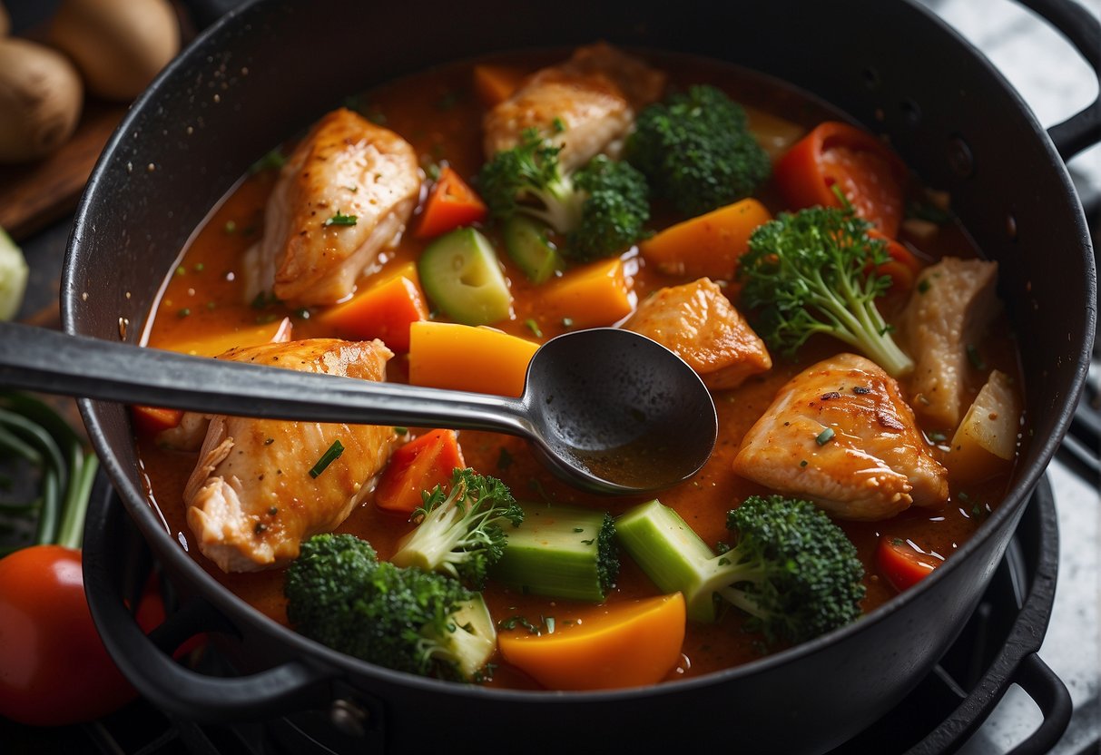 A pot simmering on a stove, filled with colorful vegetables, tender pieces of chicken, and fragrant spices, creating a warm and comforting aroma
