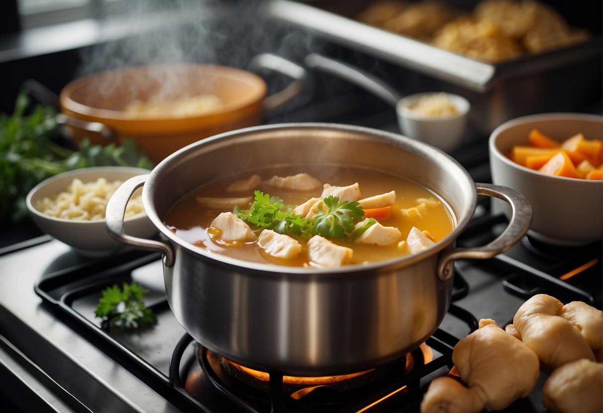 A pot simmers on the stove, filled with Chinese chicken soup ingredients. A ginger root, garlic cloves, and chicken pieces float in the fragrant broth