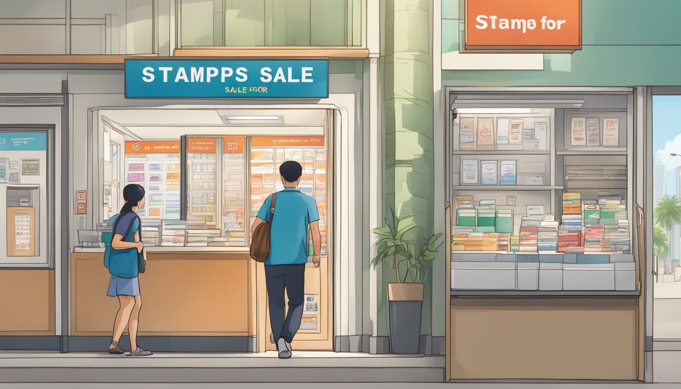A person walks into a post office in Singapore, approaching a counter with a sign that reads "Stamps for Sale."