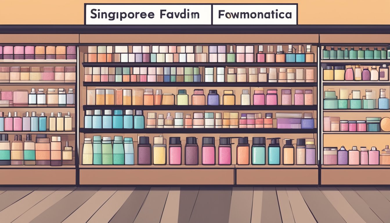 Shelves lined with various beauty products in a Singaporean store. Labels display "Frequently Asked Questions" for customers