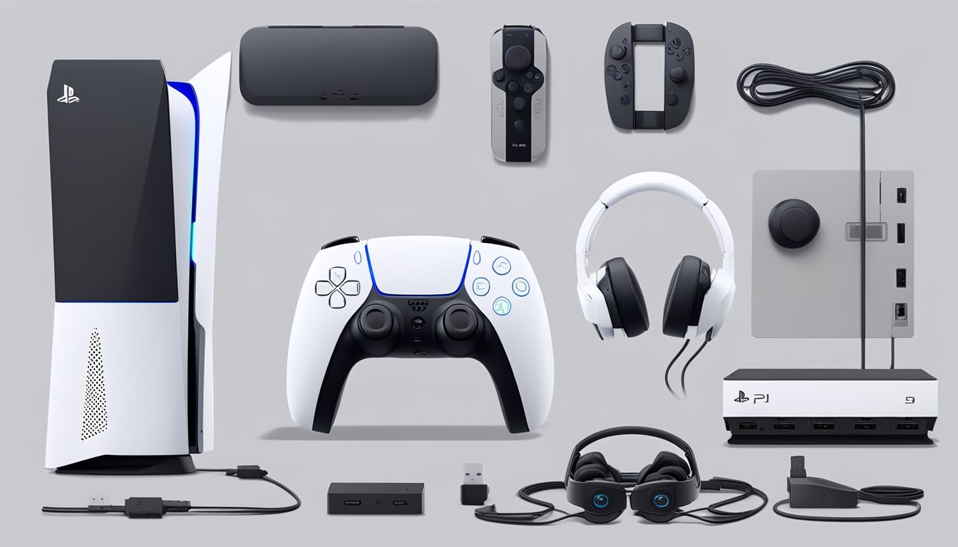 A PS5 console surrounded by various accessories such as controllers, headsets, and charging docks. The console is being explored with a focus on its sleek design and innovative features