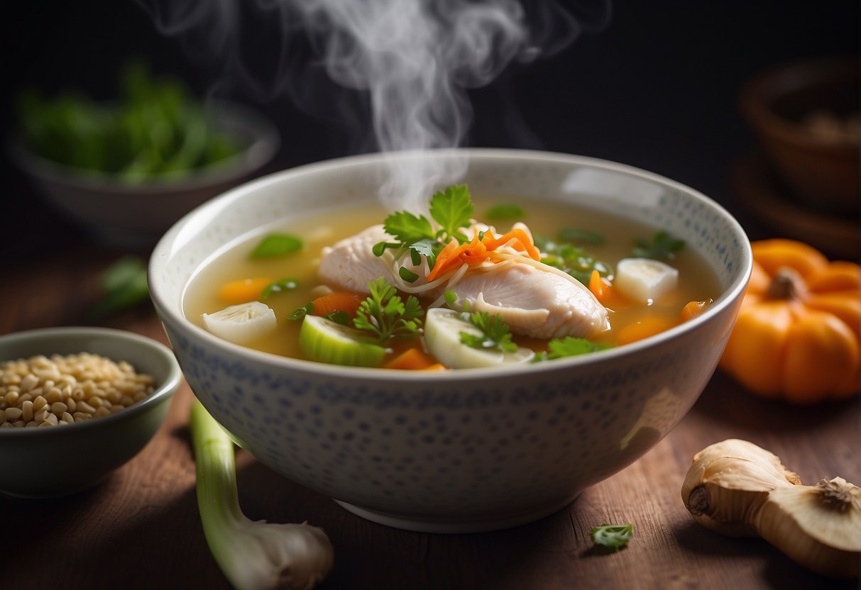 A steaming bowl of Chinese chicken soup surrounded by ginger, garlic, and vegetables, symbolizing nourishment and comfort for a pregnant woman