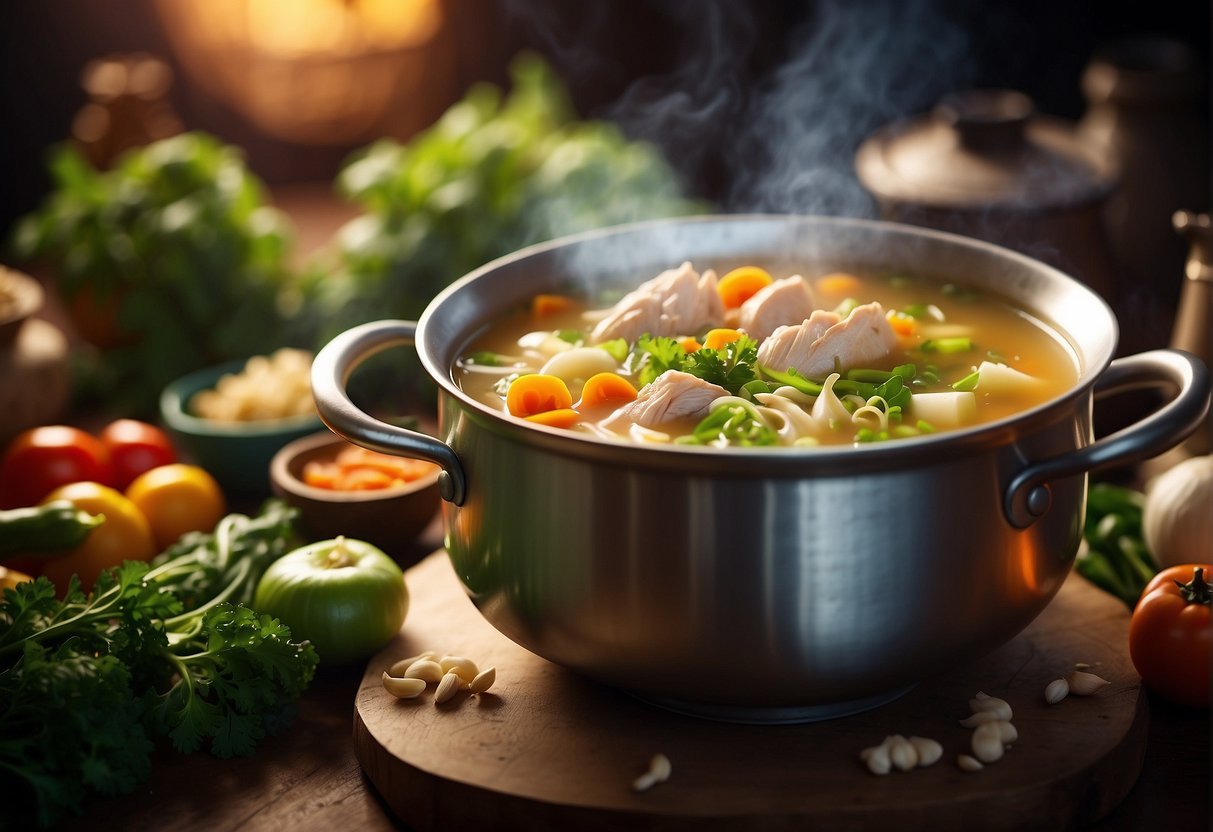 A steaming pot of Chinese chicken soup with ginger, garlic, and nourishing herbs, surrounded by colorful vegetables and a warm, inviting atmosphere