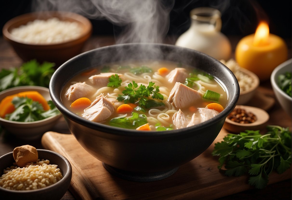 A steaming bowl of Chinese chicken soup sits on a table, surrounded by various ingredients and a recipe book open to the "Frequently Asked Questions" section