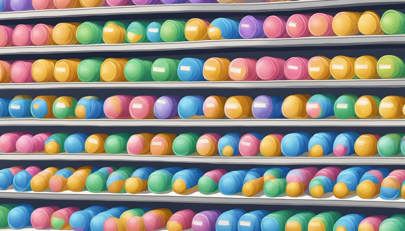 A store shelf stocked with rolls of bubble wrap in Singapore. Brightly lit, with clear signage indicating availability for purchase