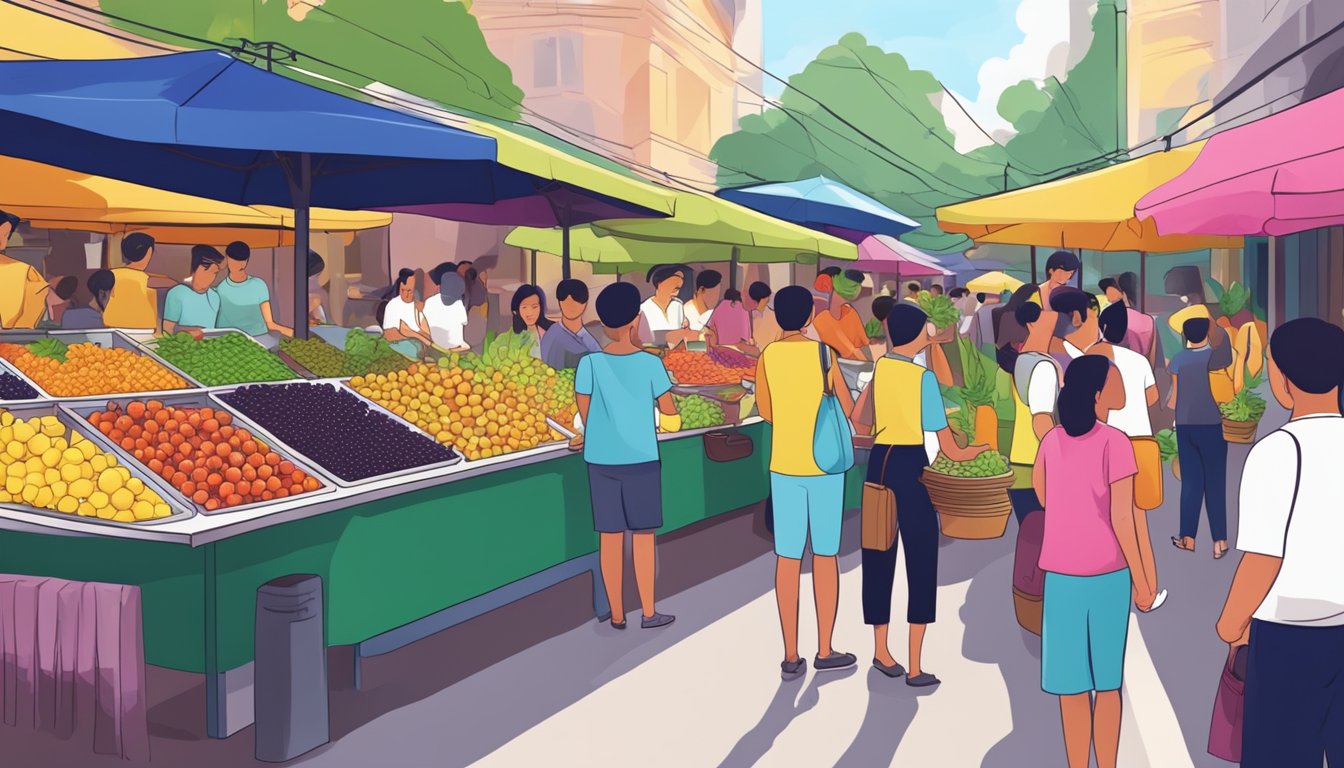 A bustling Singapore market with colorful acai bowls on display, surrounded by vibrant tropical fruits and eager customers
