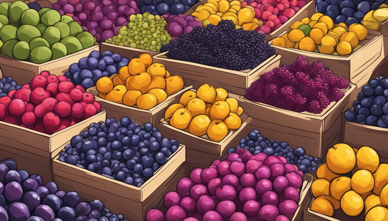 Acai berries arranged in a vibrant display at a market in Singapore