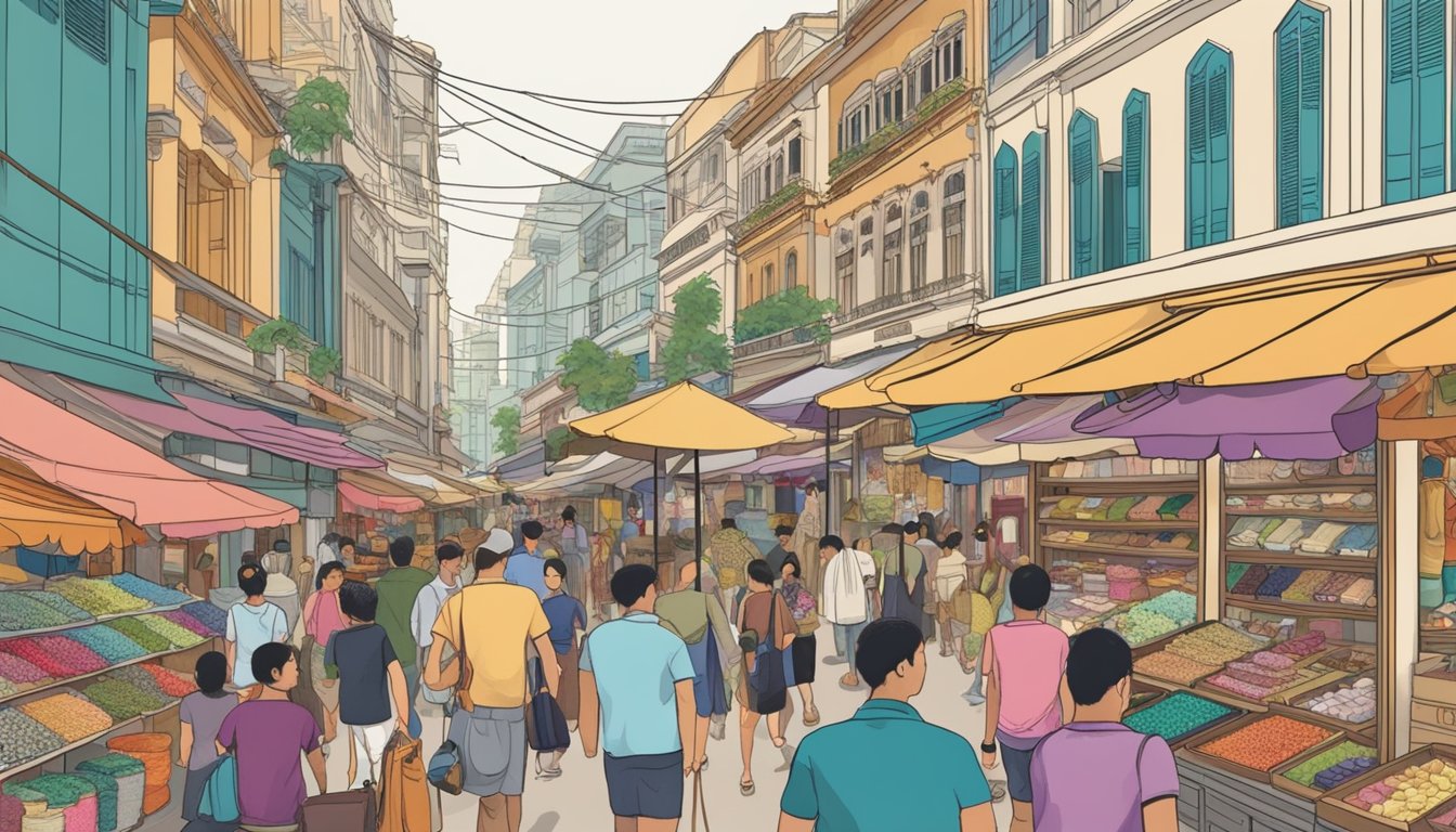 A bustling market street in Singapore, lined with vibrant carpet shops showcasing a variety of textures and patterns. Customers browse and haggle with enthusiastic vendors