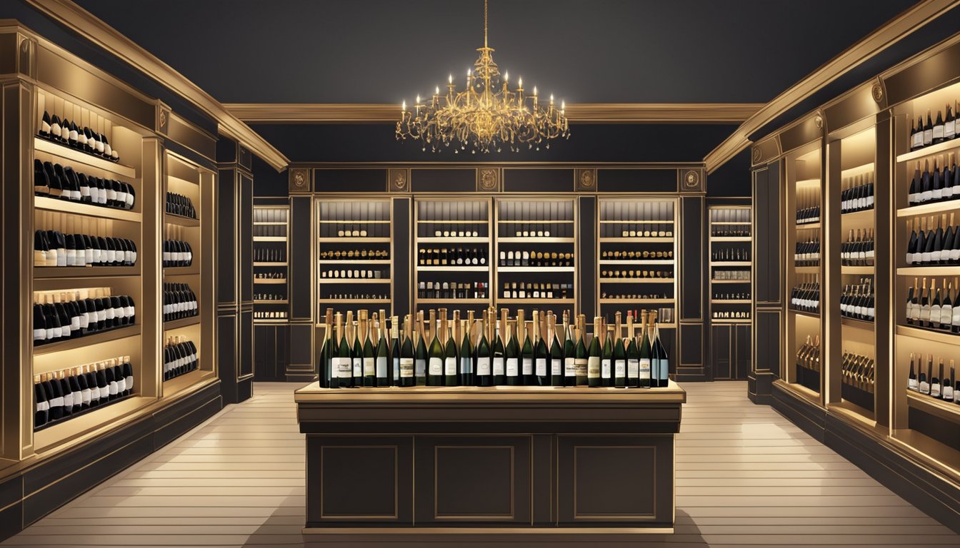 A luxurious wine shop with rows of champagne bottles on display, elegant signage, and a sophisticated ambiance