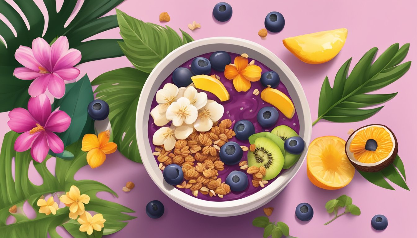 Acai bowl topped with granola, sliced fruits, and a drizzle of honey, surrounded by vibrant tropical leaves and flowers