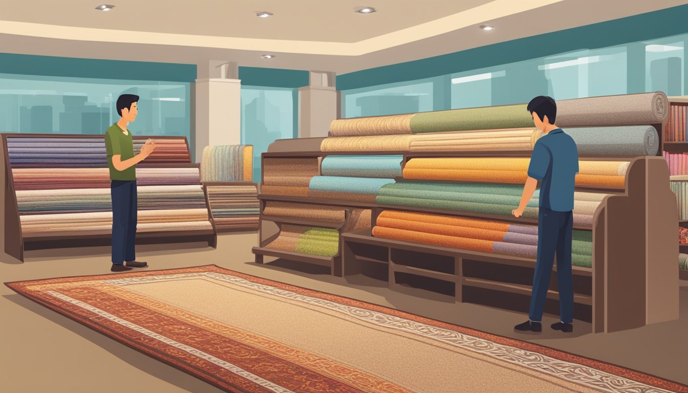 A carpet store in Singapore, with bright lighting and neatly displayed rolls of carpet. A salesperson assists a customer, ensuring quality and care