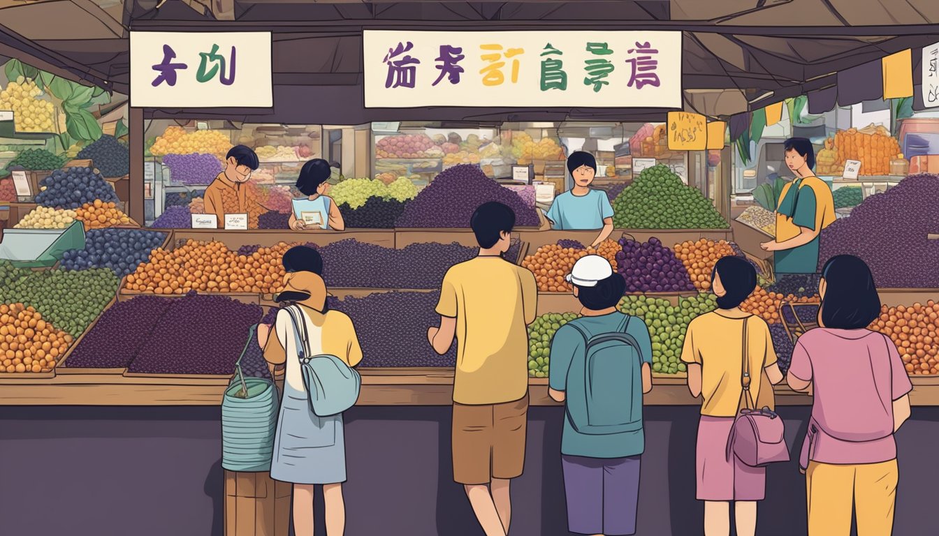 Acai berries displayed in a Singapore market, with customers asking questions to the vendor