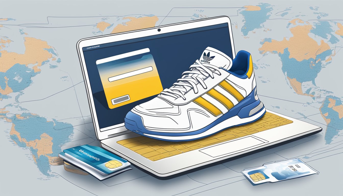 A laptop displaying the Adidas website with a pair of shoes selected, a credit card, and a Singapore map in the background