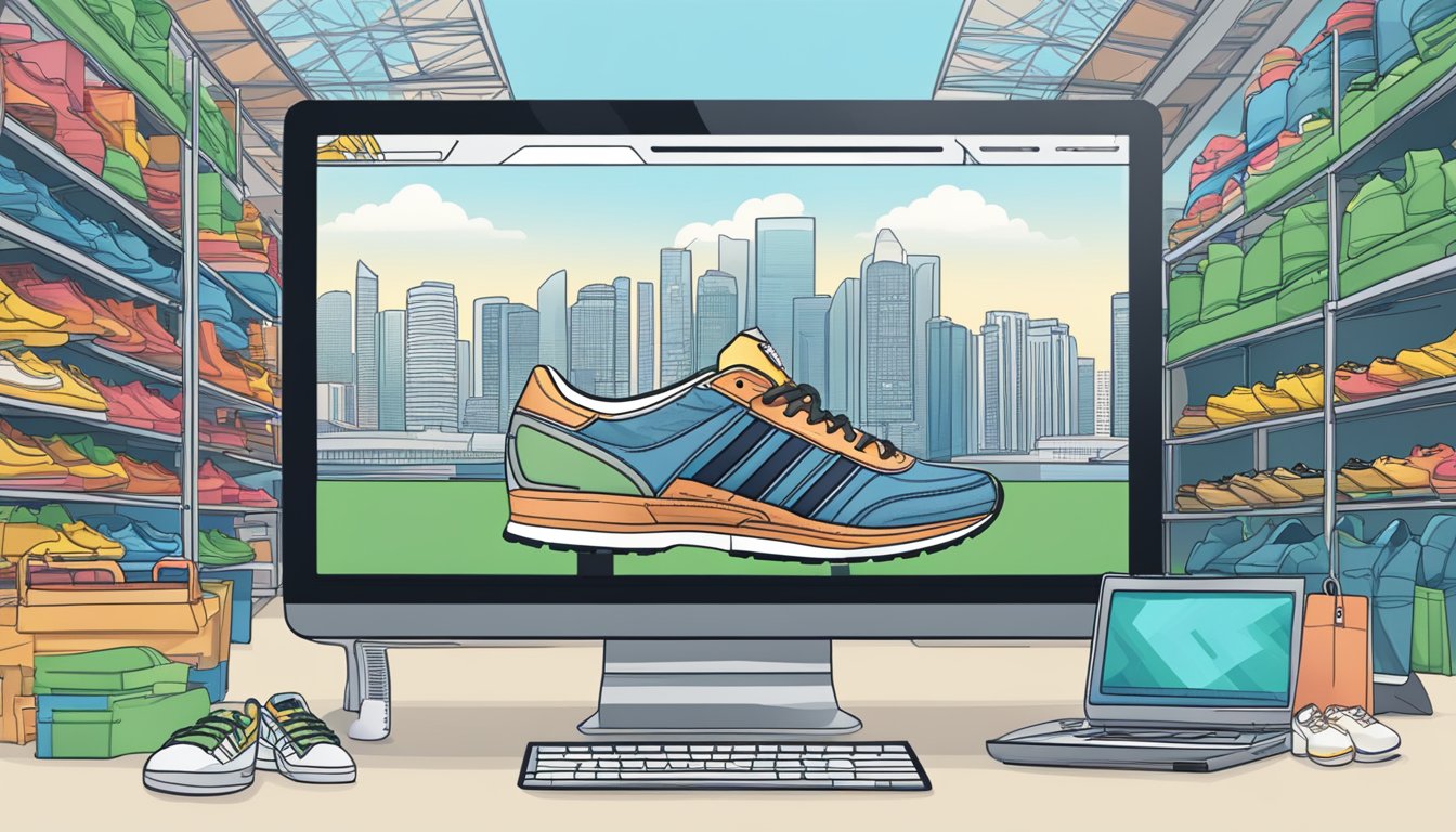 A computer screen displaying the Adidas website with various shoe options and a shopping cart, set against a backdrop of the Singapore skyline