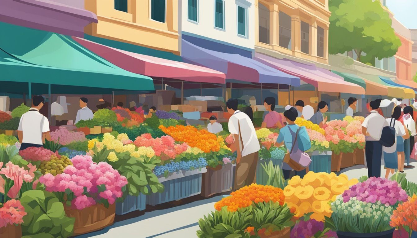 A colorful array of fresh flowers arranged in a bustling market in Singapore. Bright blooms and lush greenery fill the scene, with vendors tending to their vibrant displays