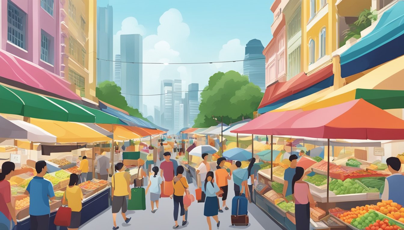 A bustling street market in Singapore showcases a variety of affordable Samsonite luggage options, with vendors displaying their products under colorful awnings