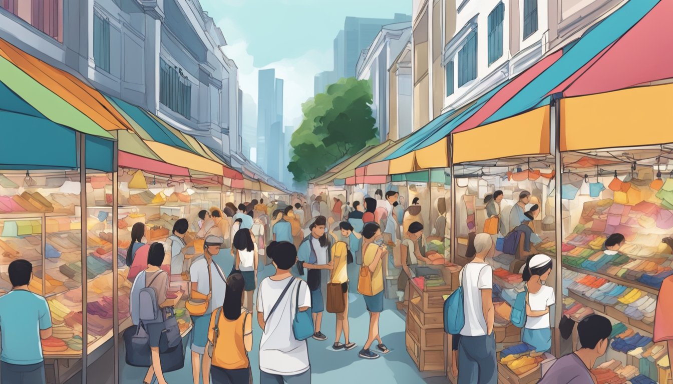 A bustling Singapore street market with colorful stalls selling discounted Birkenstock shoes. Shoppers browse through racks of sandals and try on different styles