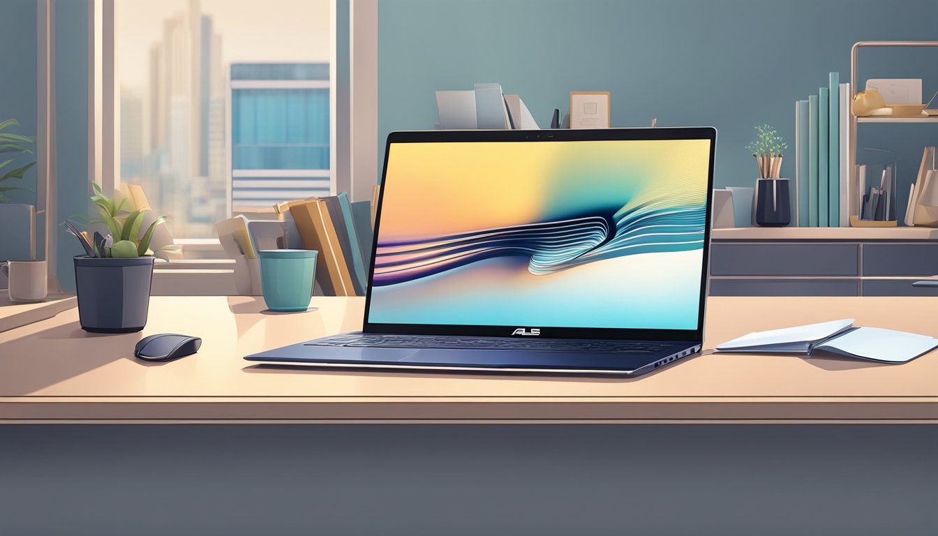 A sleek ASUS laptop surrounded by various models, displayed on a clean, modern desk in a well-lit room