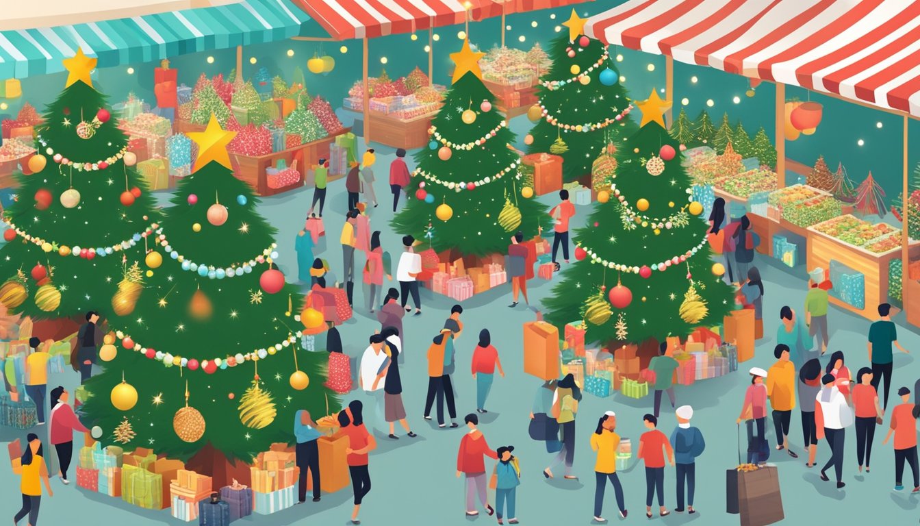 A bustling Christmas tree market in Singapore, with rows of beautifully decorated trees and twinkling lights, surrounded by excited shoppers