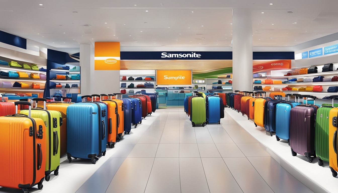 A vibrant display of Samsonite luggage at a Singapore store, with prominent "cheap" signage