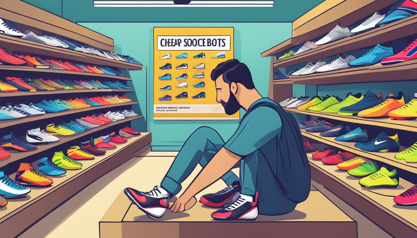 A customer browsing rows of soccer boots in a sports store, comparing prices and styles, with a sign reading "cheap soccer boots" in the background