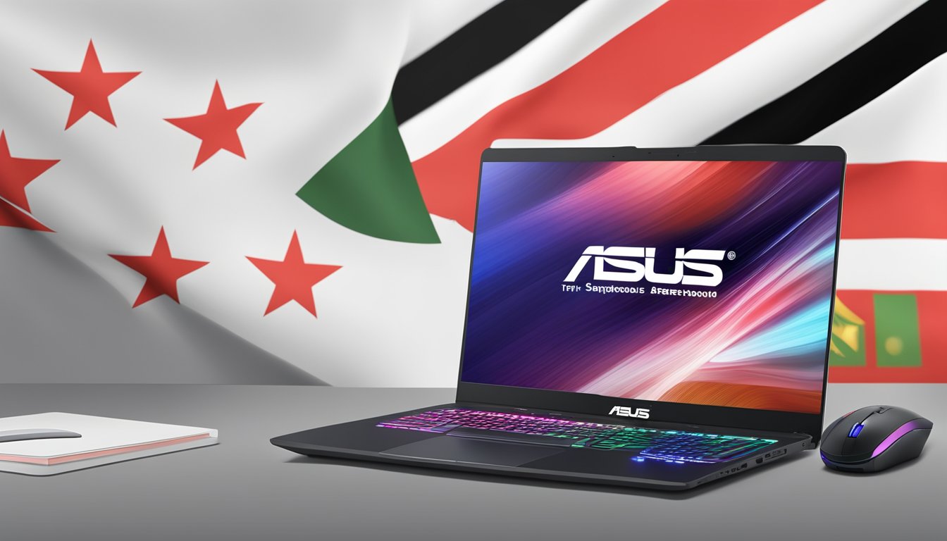 A laptop with the ASUS logo displayed on the screen, surrounded by a keyboard, mouse, and a Singapore flag in the background