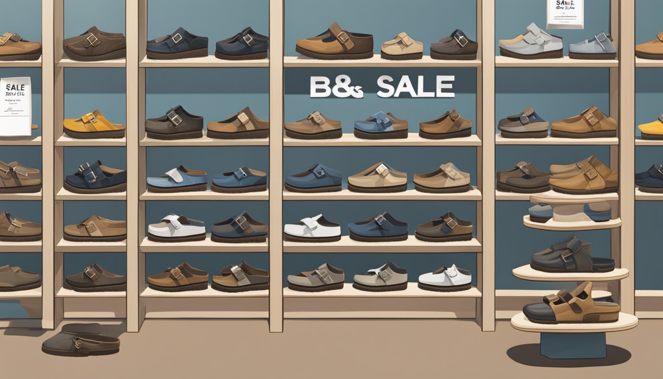 A display of various Birkenstock models in a well-lit store, with price tags and a "sale" sign