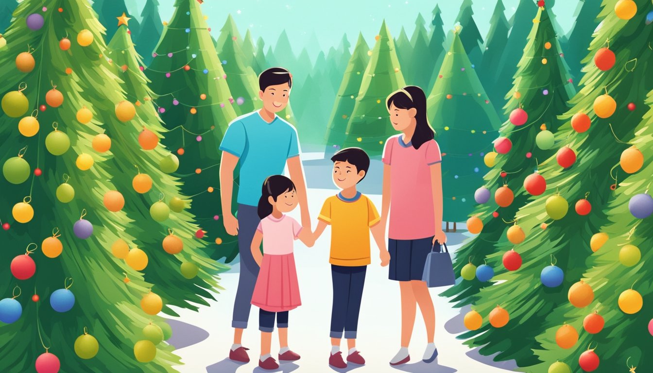 A family stands in a festive Christmas tree lot in Singapore, surrounded by rows of vibrant green trees. The parents carefully inspect each tree, while the children eagerly point out their favorites