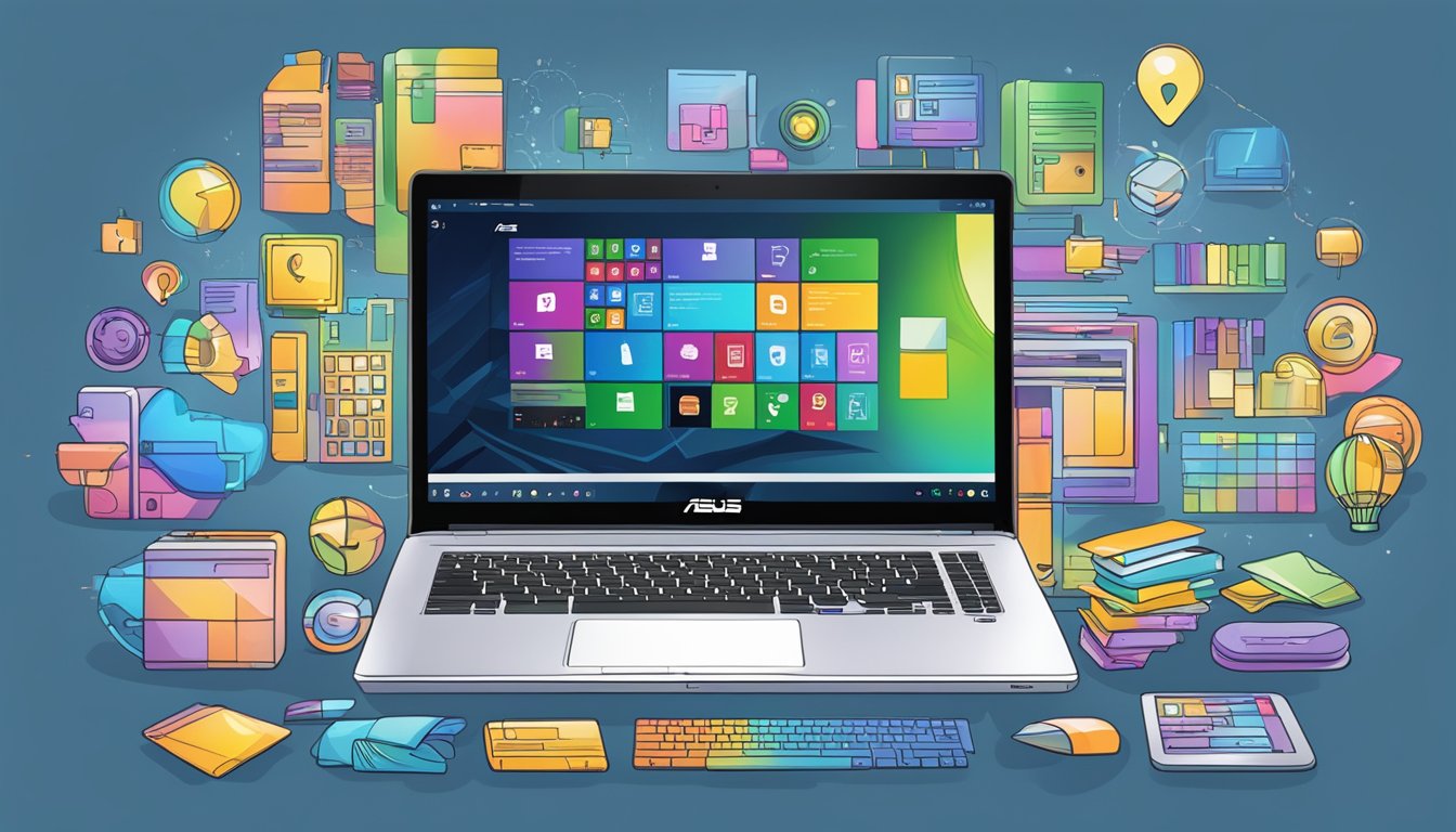 A laptop with the ASUS logo displayed on the screen, surrounded by various frequently asked questions related to buying ASUS laptops online in Singapore