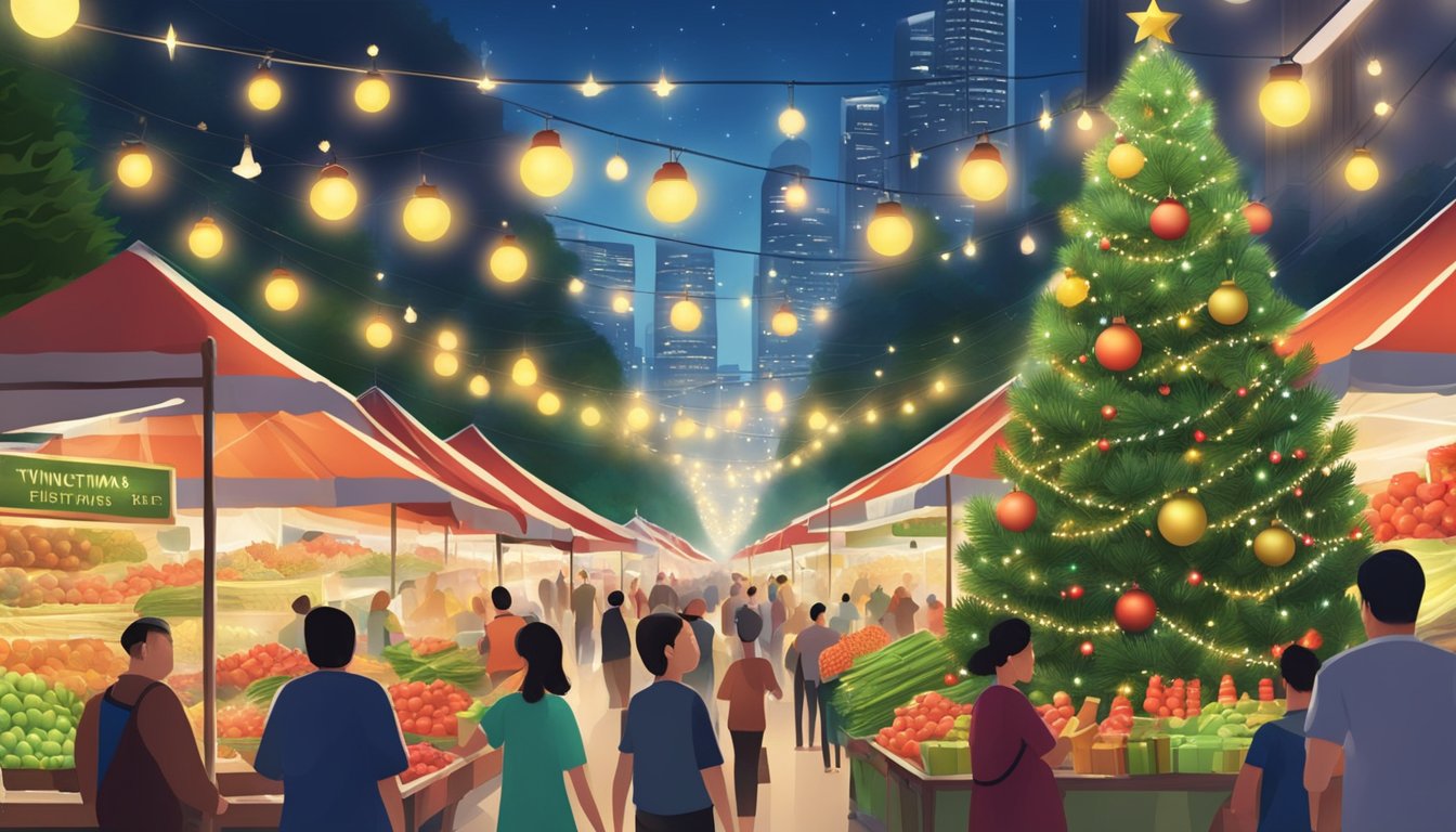 A bustling outdoor market with rows of fresh Christmas trees, twinkling lights, and festive decorations in Singapore