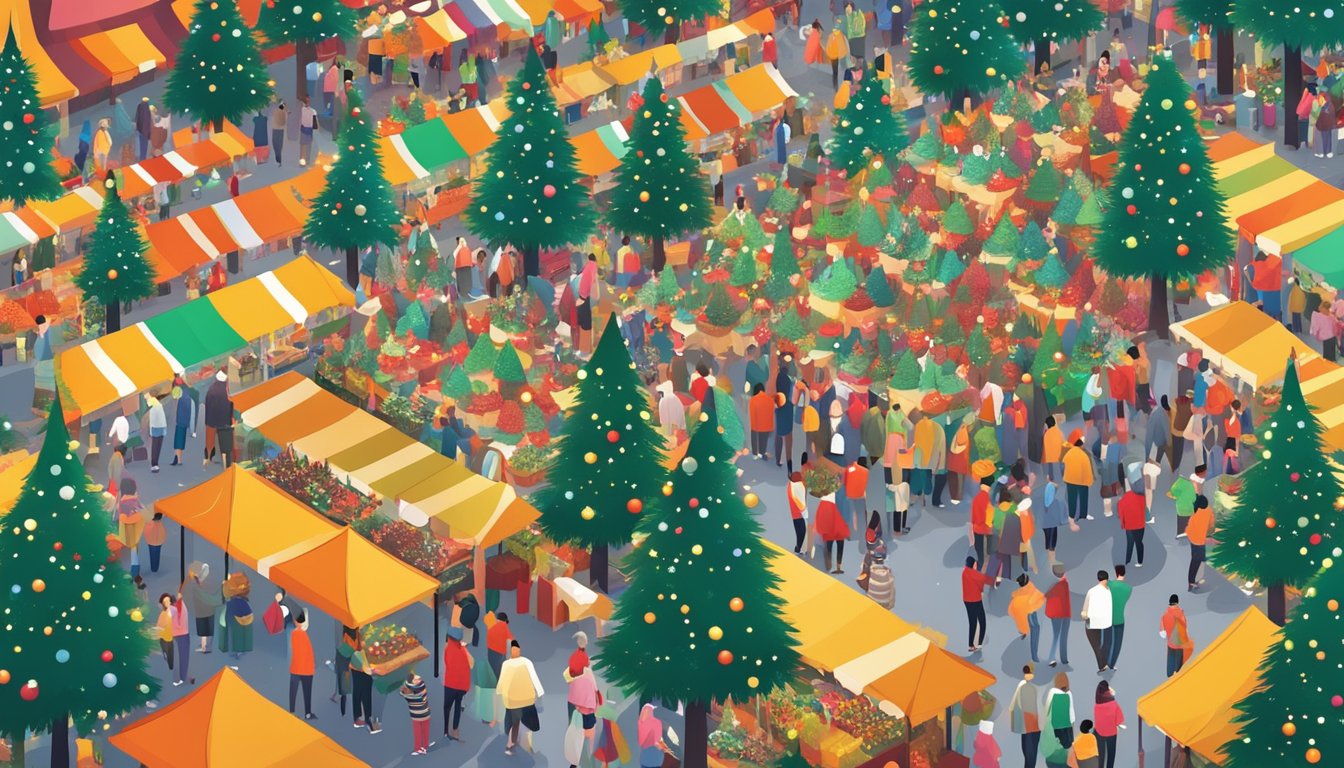 A bustling Christmas market with rows of vibrant xmas trees, twinkling lights, and eager shoppers in Singapore