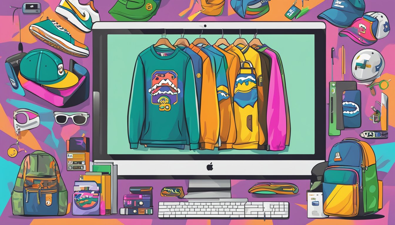 A computer screen displaying a variety of colorful and stylish Bape clothing and accessories. A cursor hovers over the "Add to Cart" button, ready to make a purchase