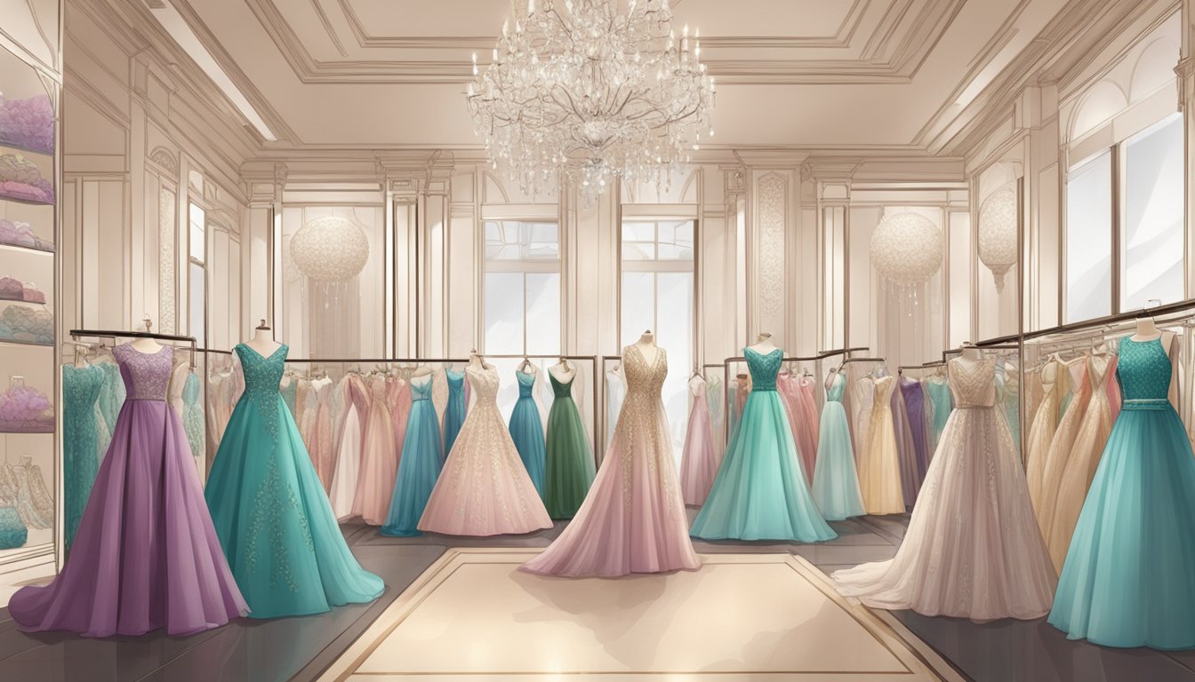 A luxurious boutique in Singapore displays elegant evening gowns in various styles and colors, with soft lighting highlighting the intricate details of the fabrics and designs