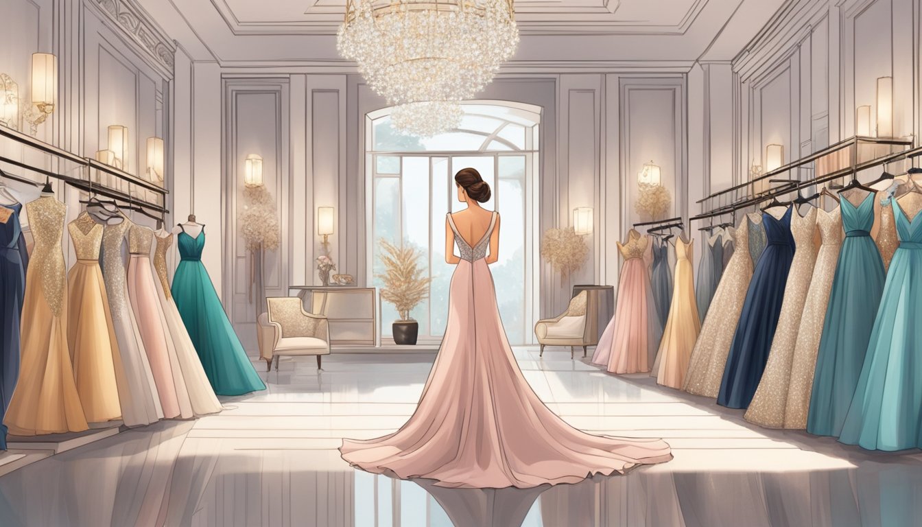 A woman admires a stunning evening gown in a luxurious boutique in Singapore, surrounded by racks of elegant dresses and sparkling accessories