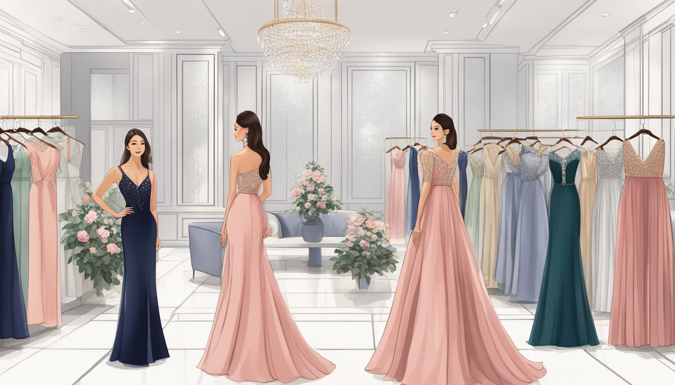 A luxurious boutique in Singapore, showcasing elegant evening gowns in various styles and sizes, with attentive staff ensuring perfect fit and quality
