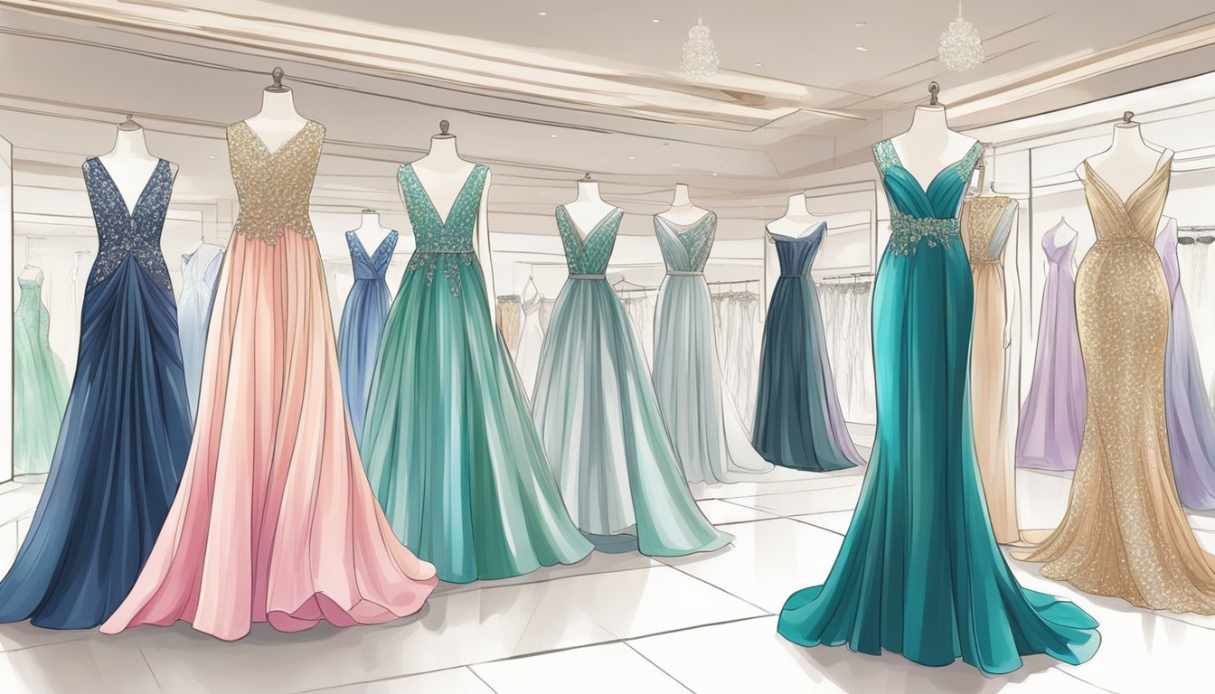 A glamorous boutique in Singapore showcases elegant evening gowns in various styles and colors. Shimmering fabrics and intricate details adorn the dresses on display