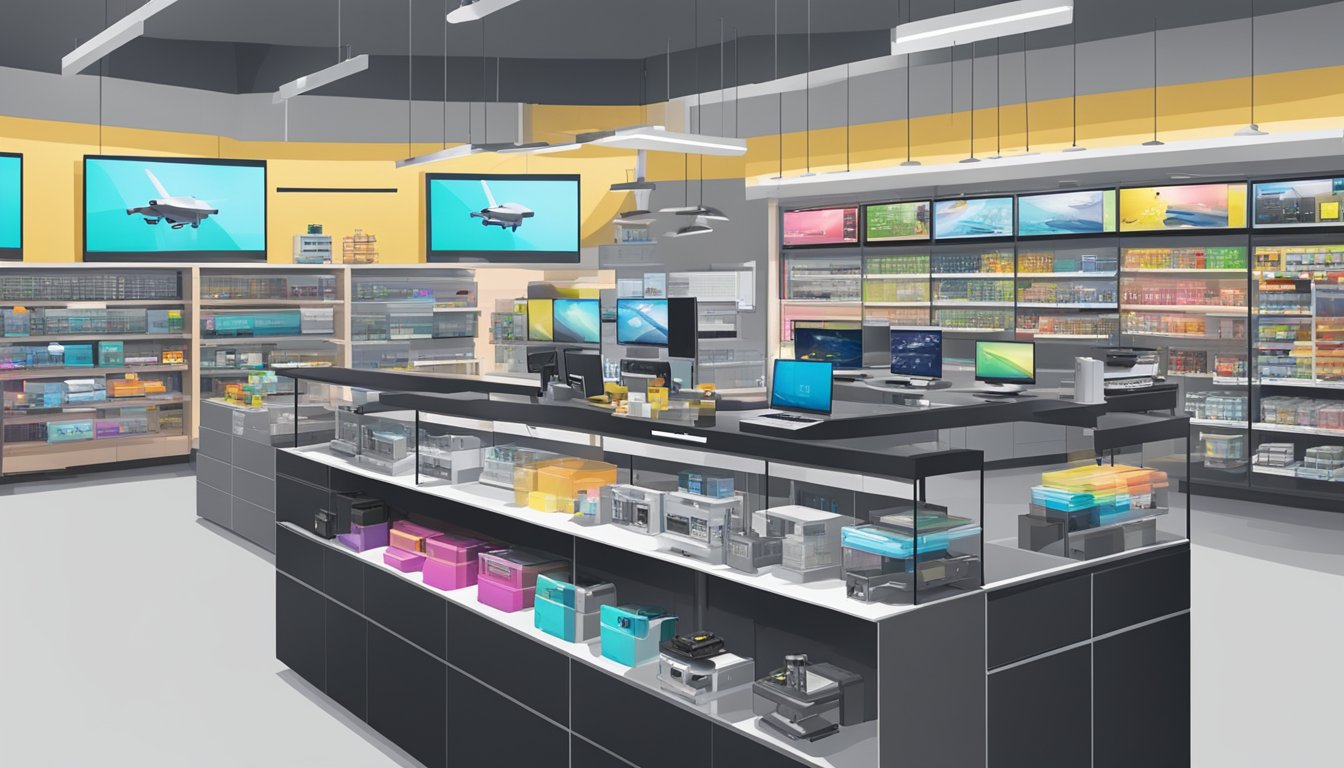 A bustling electronics store in Singapore showcases the latest DJI Mavic Pro drone, with vibrant displays and knowledgeable staff assisting customers