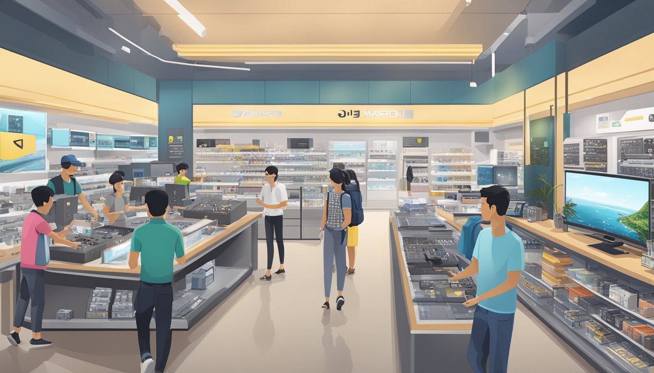A bustling electronics store in Singapore showcases the latest DJI Mavic Pro drone, with sleek displays and enthusiastic customers
