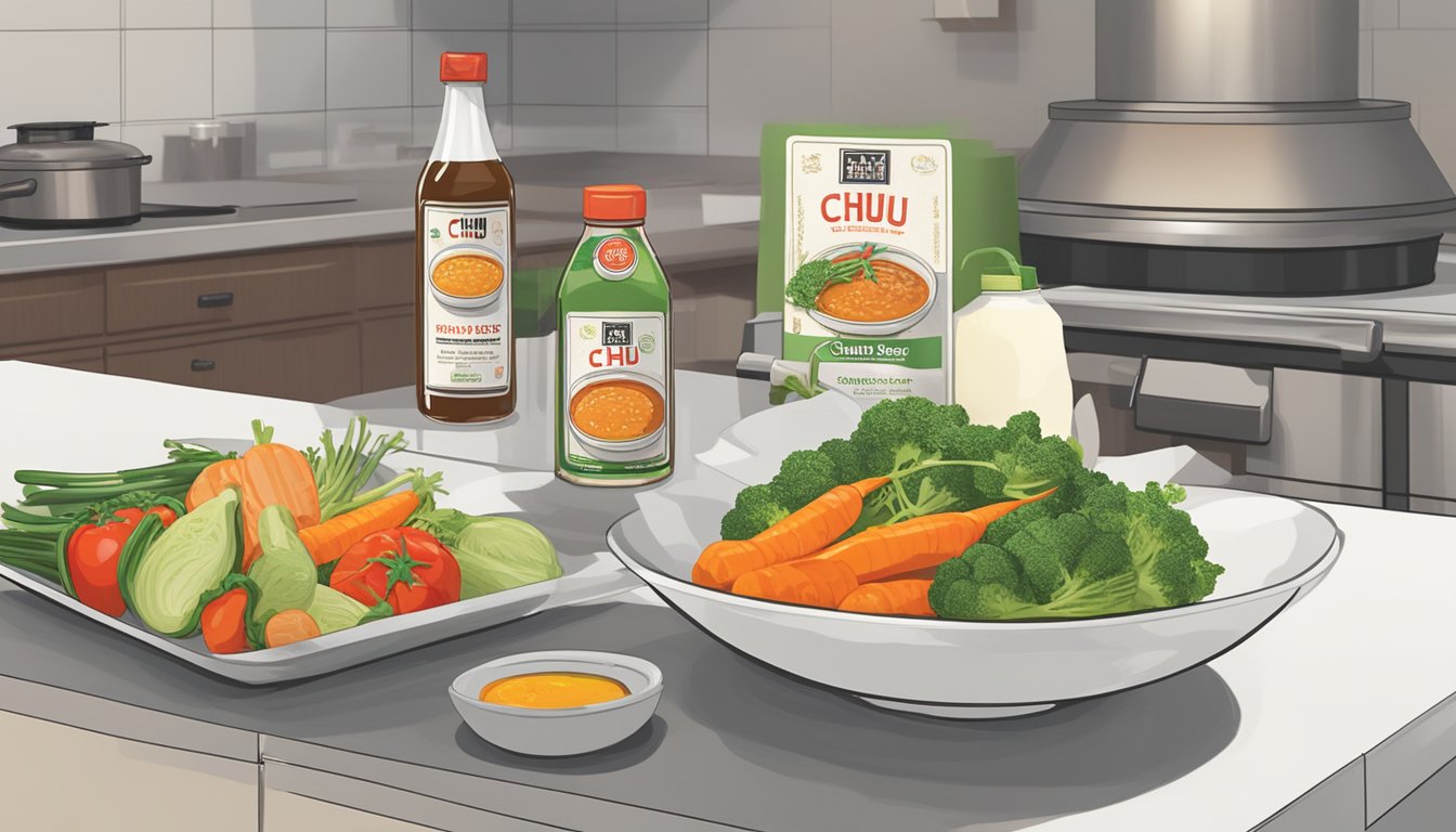 A bottle of Chu Hou sauce sits on a kitchen countertop, next to a stack of fresh vegetables and a wok. The label prominently displays the brand name and logo, with the words "Chu Hou Sauce" clearly visible