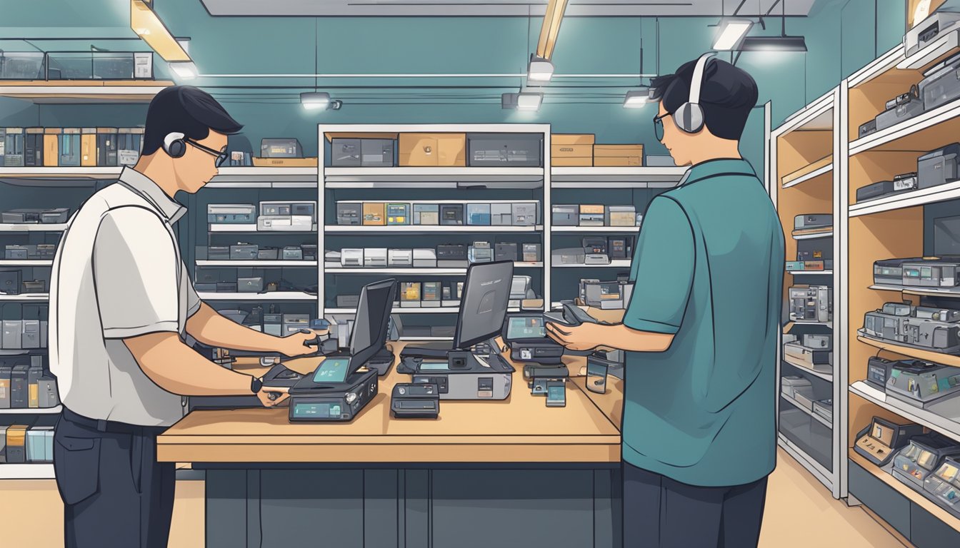 A bustling electronics store in Singapore, with shelves stocked with DJI Mavic Pro drones and a customer service representative assisting a customer