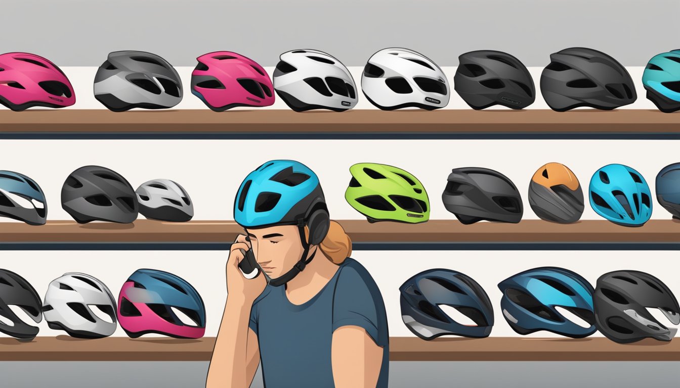 A cyclist browsing a variety of bicycle helmets online, carefully comparing features and styles before making a purchase decision
