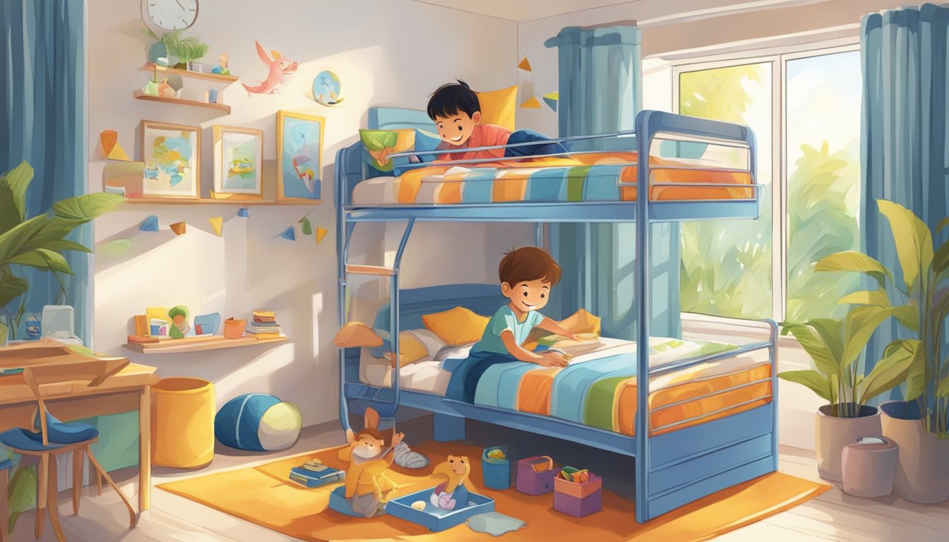 Two children happily playing on a bunk bed in a brightly lit bedroom in Singapore