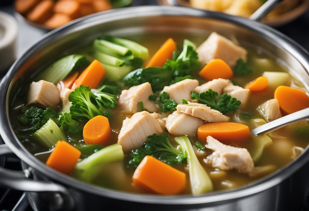 A steaming pot of Chinese chicken vegetable soup simmers on a stove, filled with vibrant colors of carrots, bok choy, and tender pieces of chicken
