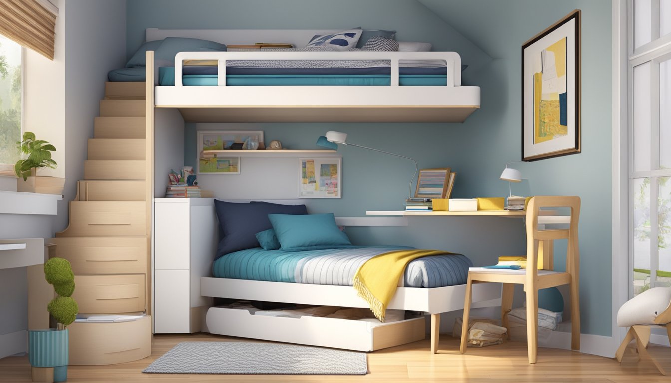 A bunk bed is placed against a wall in a small bedroom, creating space for a desk or storage underneath. The room is tidy and well-organized, with efficient use of space