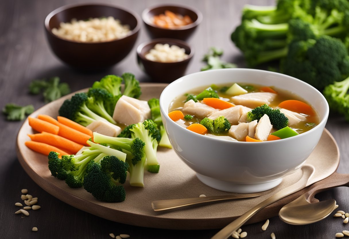 A bowl of Chinese chicken vegetable soup with a spoon on the side, surrounded by ingredients like carrots, broccoli, and chicken pieces