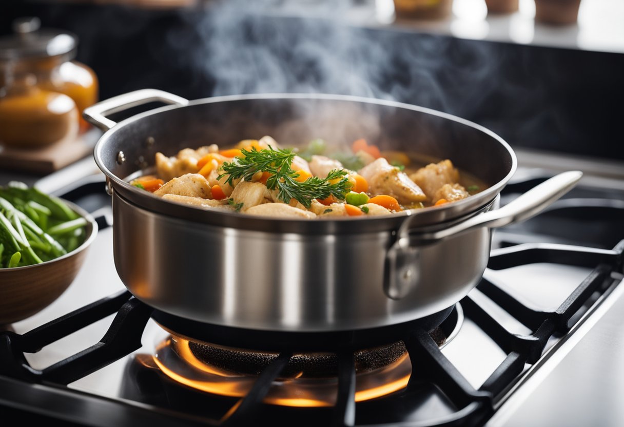 A pot simmers on a stove filled with chicken, vegetables, and aromatic spices. Ingredients are neatly arranged on a cutting board nearby