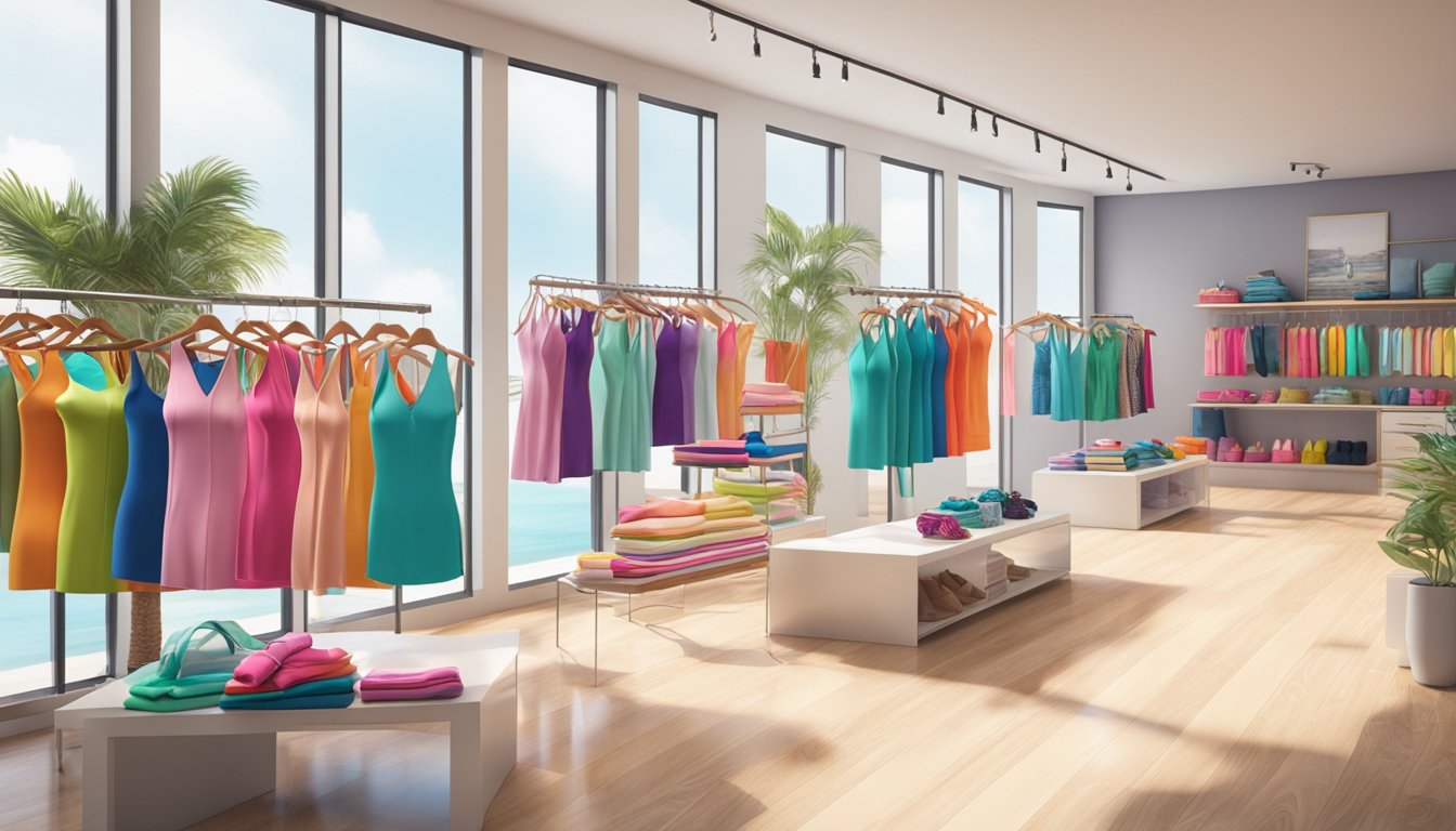 A vibrant display of swimsuits in various styles and colors, showcased in a trendy boutique setting with modern decor and ample natural lighting