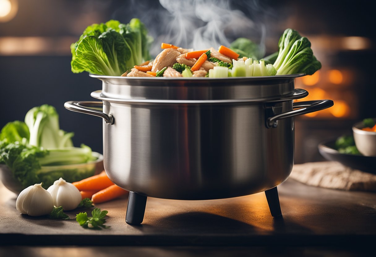 A steaming pot of Chinese chicken vegetable soup simmers on the stove, filled with colorful ingredients like bok choy, carrots, and tender pieces of chicken