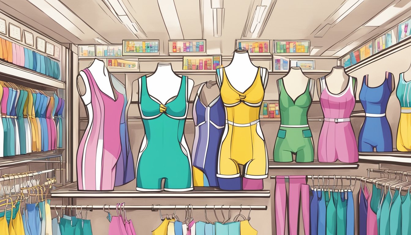 A display of colorful swimsuits in various styles and sizes, with signage indicating "Ideal Fit Tips" and "Where to Buy Swimsuits in Singapore."