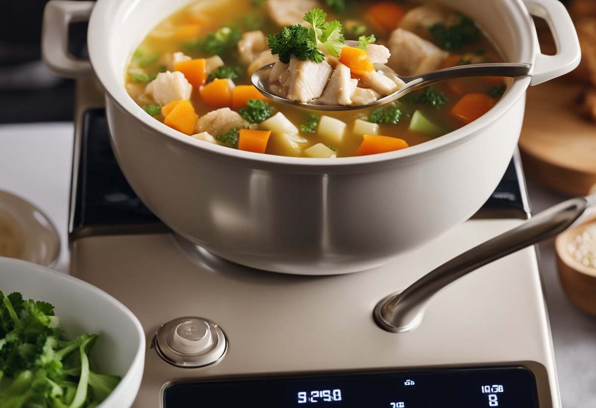 A pot of Chinese chicken vegetable soup sits on a stove. A person uses a ladle to pour the soup into a bowl, then places it in a microwave to reheat